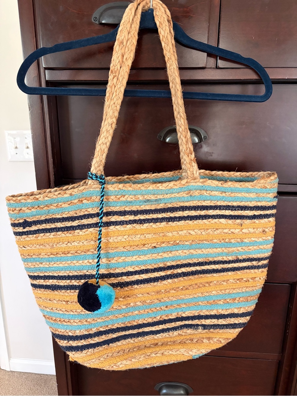 Striped Woven Tote Bag in Yellow, Blue & Black